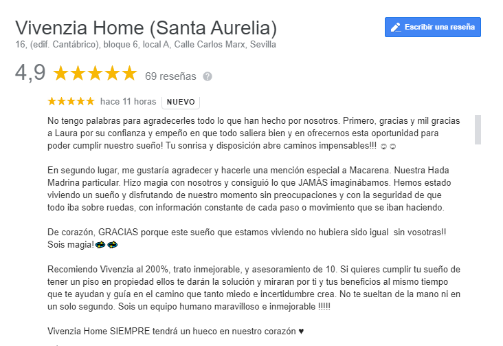 reseña Google My Business Vivenzia Home